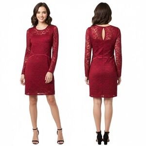Social Stories Dress Large‎ Red Sheer Long Sleeve Lace Cutout Keyhole Party Chic
